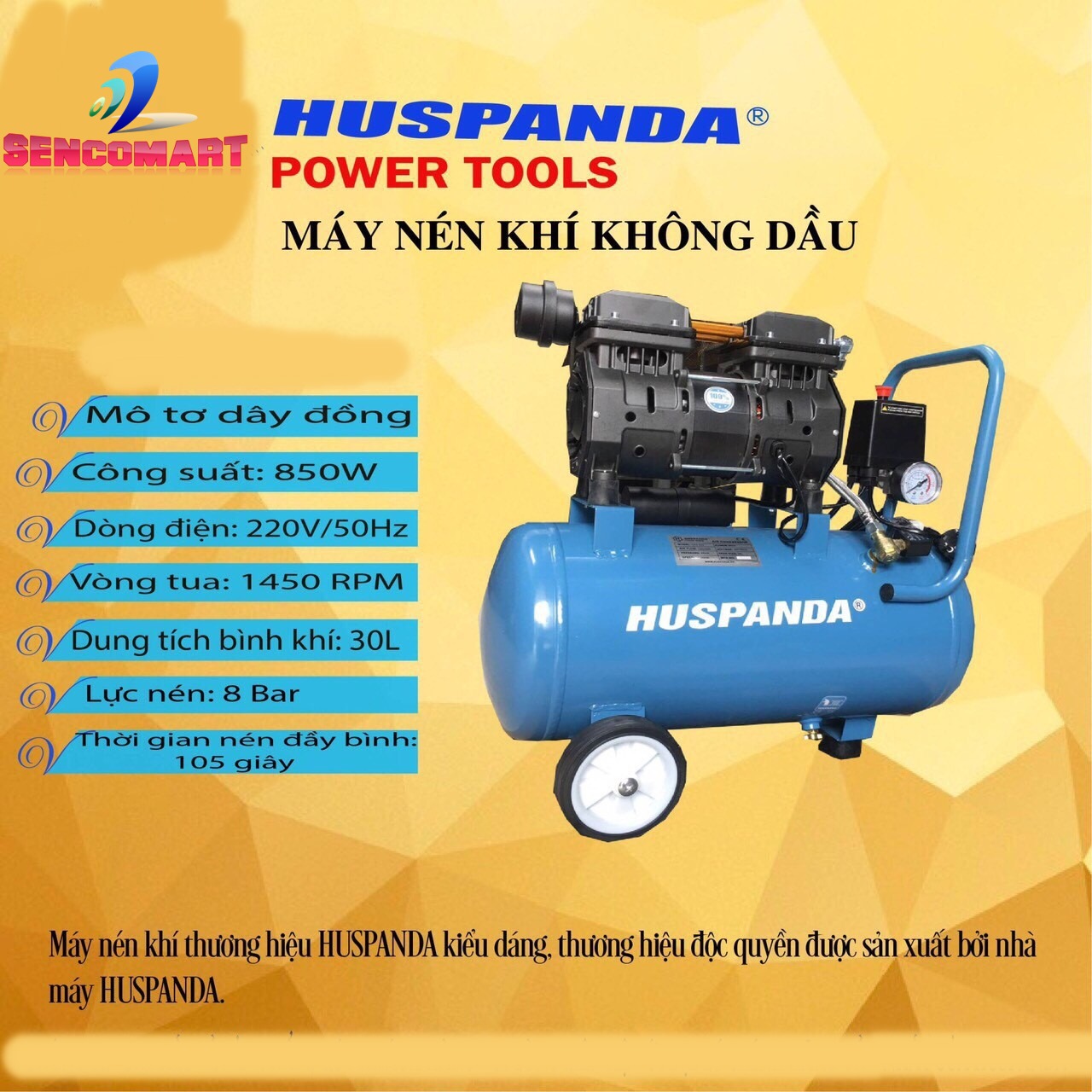 Máy Nén Khí 30 Lít Không Dầu Huspanda HKD 850 Chính Hãng